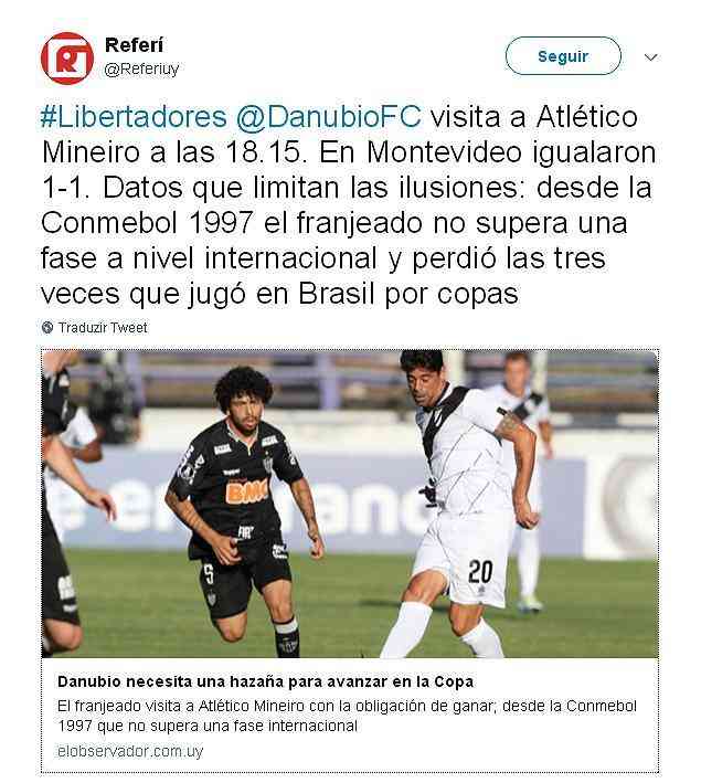 Veculos de imprensa do Uruguai se referem ao Atltico como 'poderoso' adversrio e colocam o Danubio com 'sonho' de seguir na Libertadores