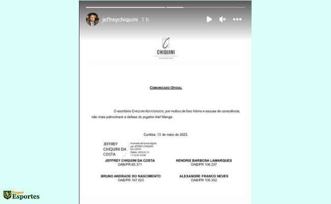 O advogado Jeffrey Chiquini anunciou pelo Instagram que no ir mais fazer a defesa de Alef Manga