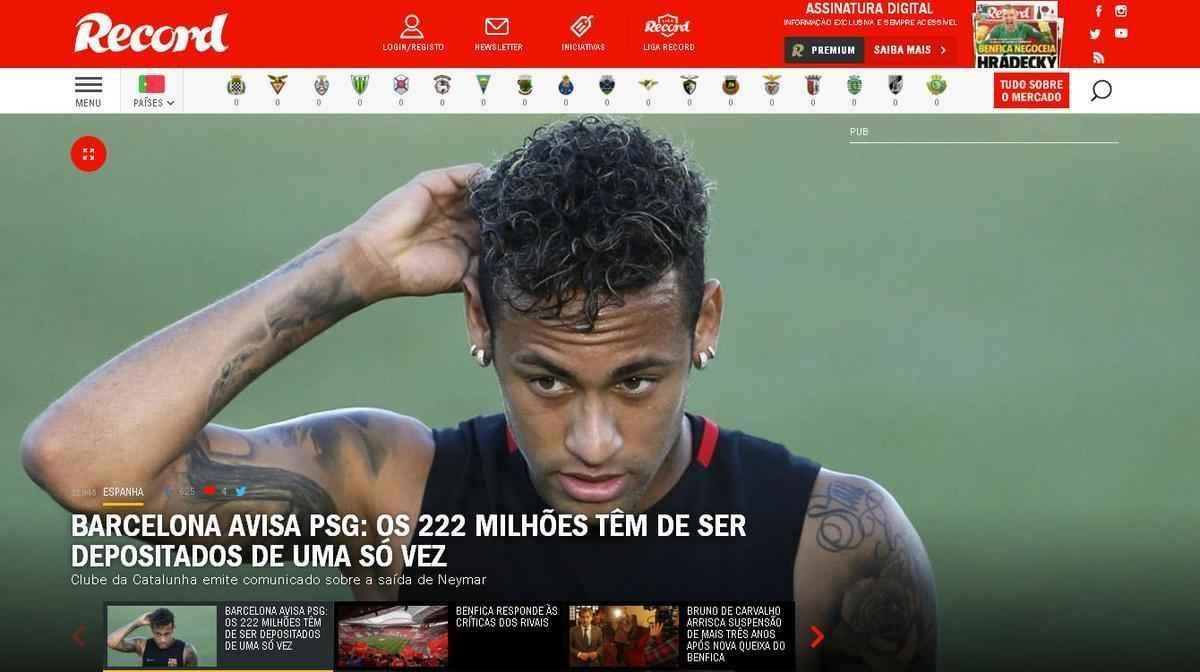 Portugus Record coloca Neymar no principal destaque do site