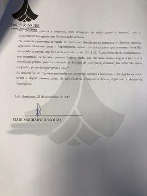 Futuro vice de futebol do Cruzeiro entrou com queixa crime contra Bruno Vicintin, por calúnia. Na quarta-feira, Vicintin acusou Itair de tê-lo ameaçado de morte