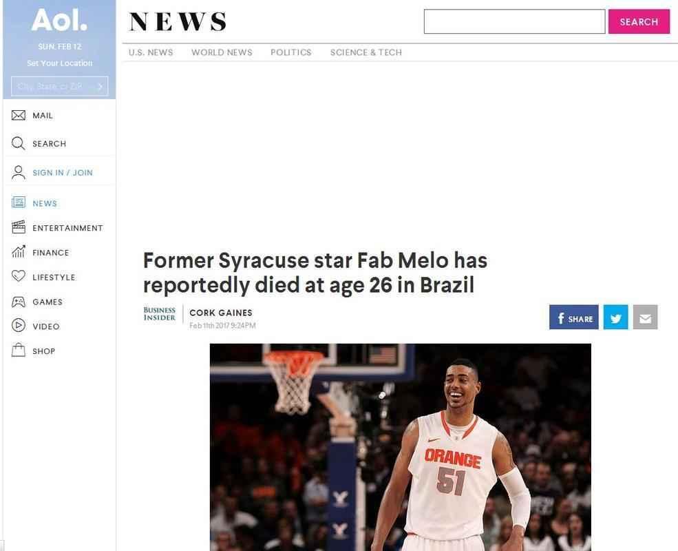 Portal AOL, dos Estados Unidos, destaca morte de Fab Melo em Juiz de Fora
