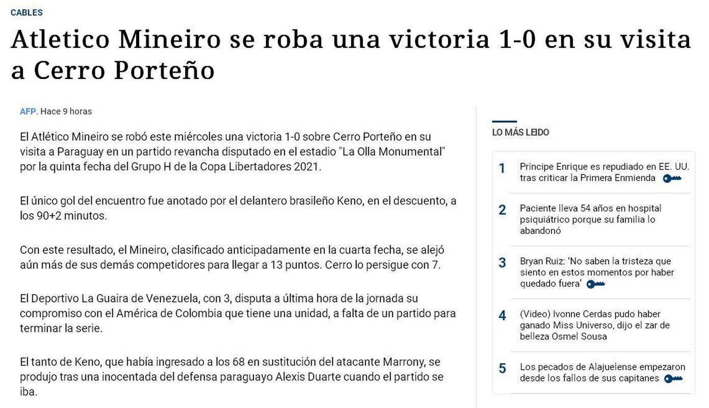 AFP - 'Atltico Mineiro rouba uma vitria por 1-0 em sua visita contra o Cerro Porteo'