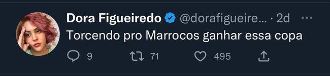 Influenciadora Dora Figueiredo afirmou que torcer para o Marrocos 