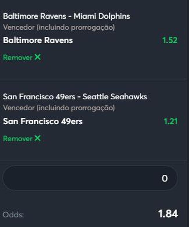 Baltimore Ravens vence Miami Dolphins, e San Francisco 49ers vence Seattle Seahawks (odd 1.84) - O Baltimore Ravens conseguiu se impor na primeira semana e venceu o New York Jets sem dificuldades. J o Miami Dolphins venceu o rival New England Patriots em grande atuao dos dois lados da bola. Nesta rodada, o Ravens joga em casa e  favorito diante de sua torcida. J no outro jogo, temos o San Francisco 49ers, que perdeu na estreia para o Chicago Bears em resultado surpreendente (jogo em condies ruins por causa da chuva), e Seattle Seahawks, que superou as expectativas e venceu o Denver Broncos em casa. O 49ers tem um time muito mais competitivo e deve vencer sem dificuldades.