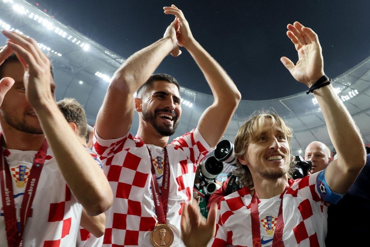 Festa e premiao da Crocia por terceiro lugar na Copa do Mundo de 2022, no Catar. Croatas venceram o Marrocos por 2 a 1, neste sbado (17) e conseguiram mais um feito histrico em Mundiais.