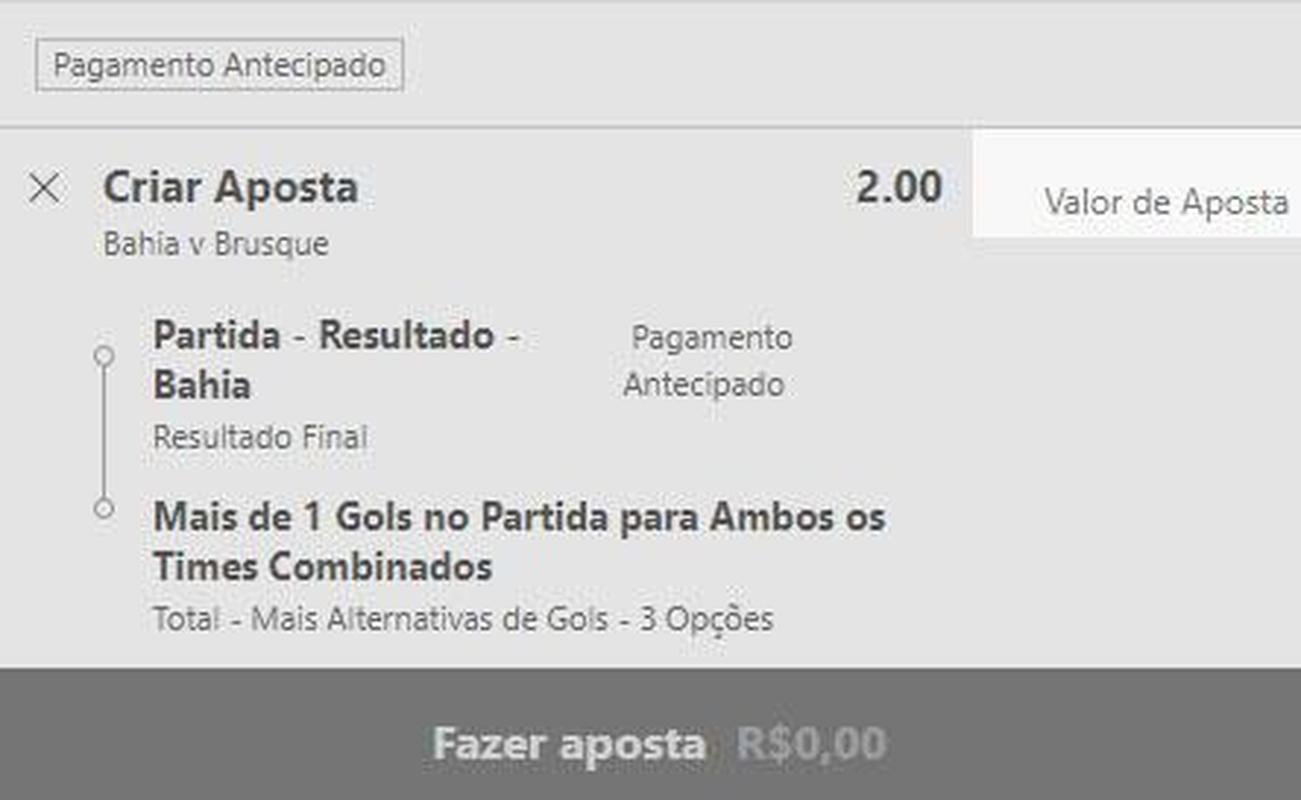 Bahia vence e mais de um gol no jogo contra o Brusque (odd 2.00) - Faltam cinco rodadas para o fim da Srie B. O Bahia tem quatro pontos a mais que Sampaio Corra, Sport e Cricima. Uma vitria neste sbado  crucial para o time seguir confortvel na briga pelo acesso. J o Brusque  o vice-lanterna, com seis pontos a menos que o Novorizontino, primeiro time fora da zona de rebaixamento. O time catarinense tem uma vitria e oito derrotas nos ltimos nove jogos, enquanto o time de Salvador est h cinco partidas sem vencer. A expectativa do torcedor tricolor  para que o time d a volta por cima aps a sequncia ruim.