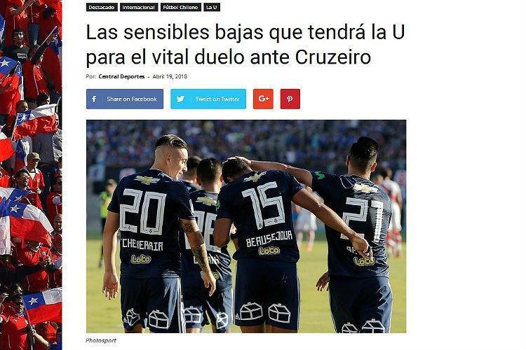 Central Deportes: 'As perdas sensveis que La U ter para o duelo vital contra o Cruzeiro', se refere a matria sobre os desfalque de Jara e a possvel ausncia de Beausejour