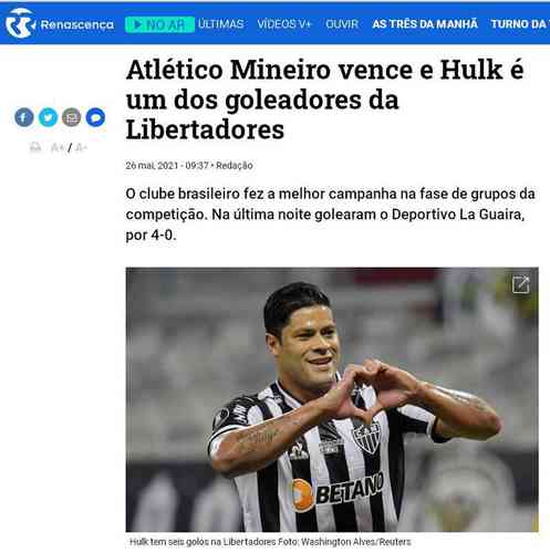Renascena (Portugal) - Site destaca que Hulk  um dos goleadores da Copa Libertadores