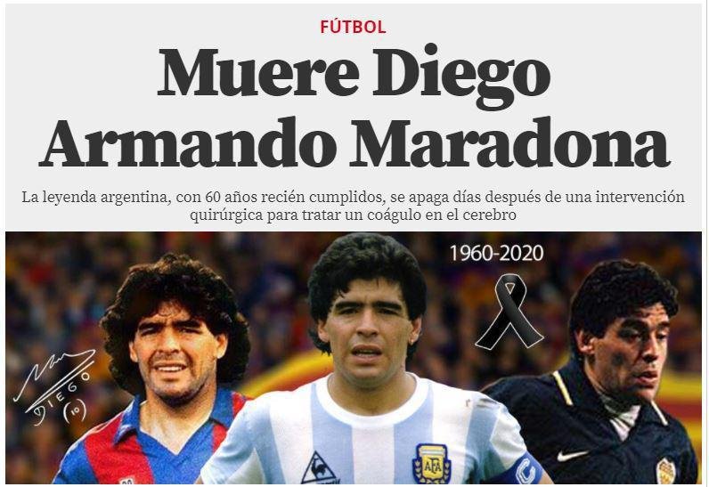 'Mundo Deportivo', da Espanha, destaca: 'morre dias depois de uma interveno cirrgica para tratar de um cogulo no crebro'