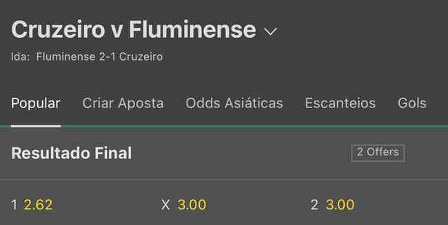 Vitória do Cruzeiro paga R$ 2,62, enquanto o triunfo do Fluminense paga R$ 3,00
