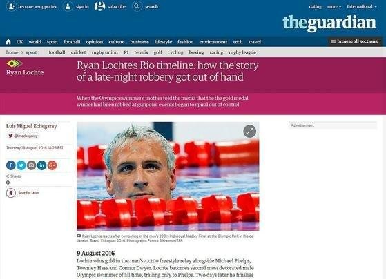 The Guardian, Inglaterra: 'Cronograma de Ryan Lochte no Rio: como a história de um roubo de fim de noite saiu do controle'