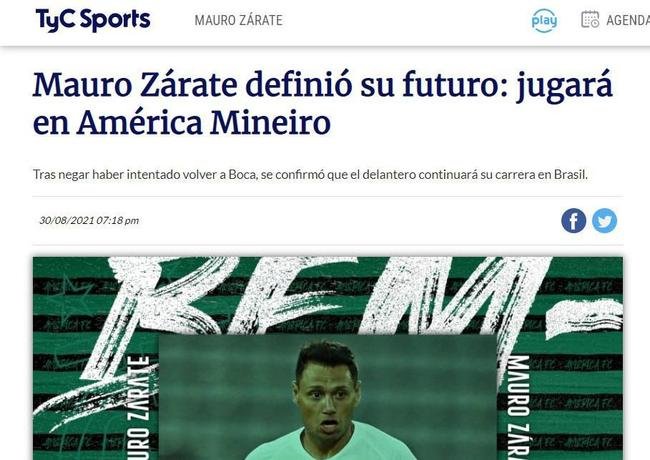 TyC Sports tambm destacou chegada de Zrate ao Amrica; o portal destacou o papel do tcnico Vagner Mancini, que conversou com o atacante durante as negociaes