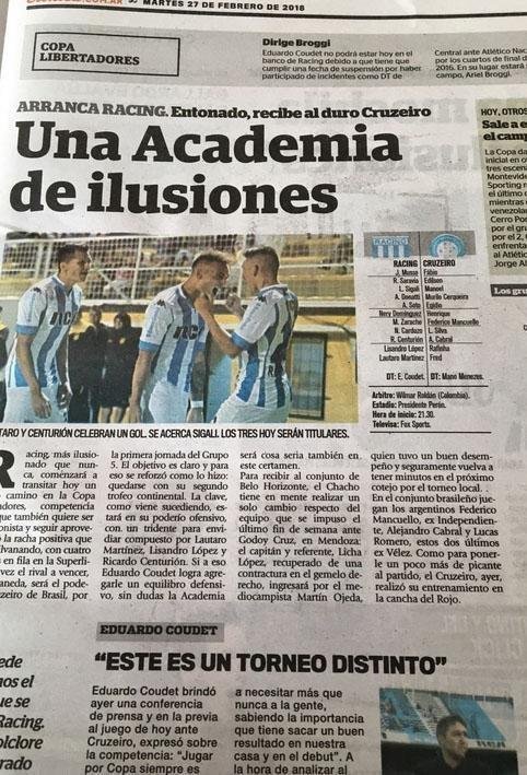 Imprensa argentina registrou estreia de Racing e Cruzeiro