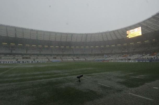 Chuva forte, com granizo, causou transtornos neste domingo  tarde no Mineiro antes do clssico entre Cruzeiro e Amrica pelo Campeonato Mineiro. Do lado de fora, o forte vento derrubou divisrias que separam acessos ao estdio, perto das catracas. J o gramado ficou bastante alagado por muito tempo.