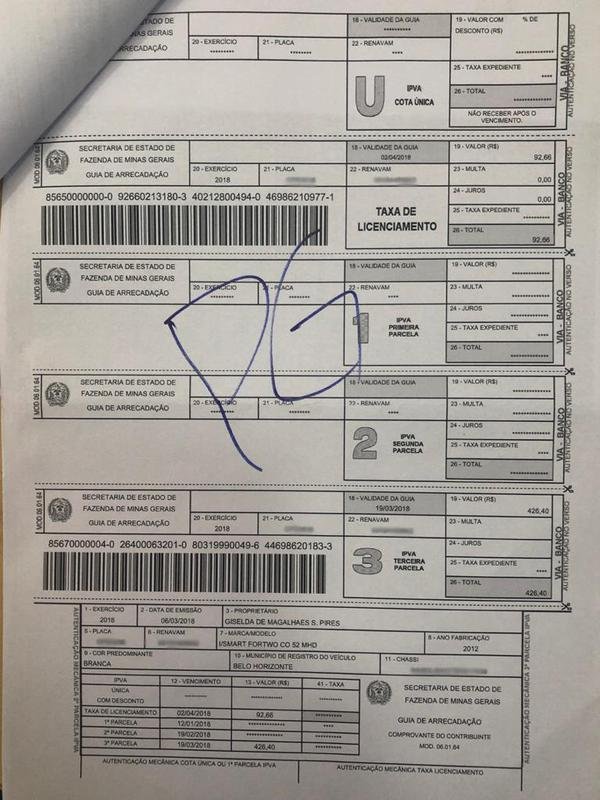 Documentos e comprovantes de pagamentos de impostos de carros da esposa de Wagner, Giselda de Magalhes Santos Pires