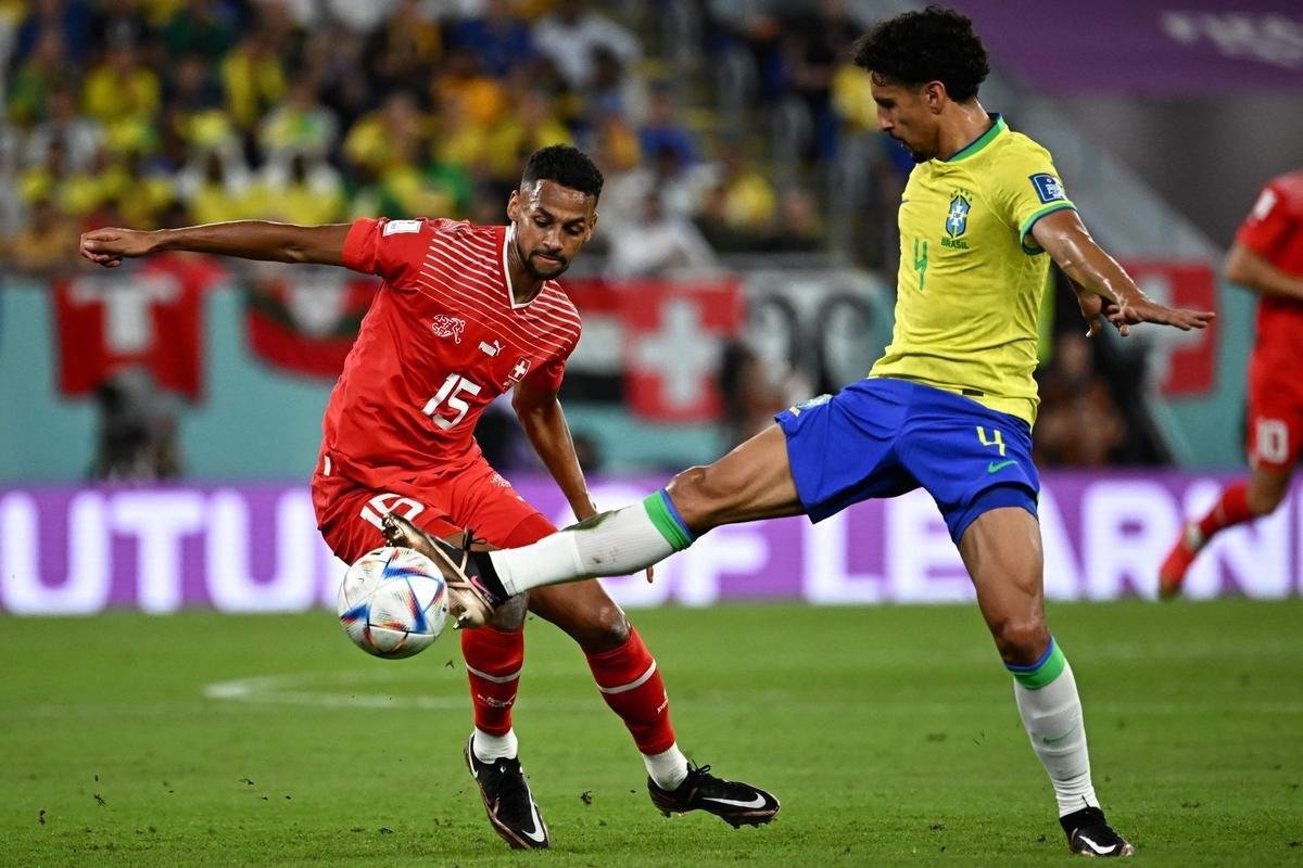 Duelo entre Brasil e Sua, pela 2 rodada do Grupo G da Copa do Mundo, acontece no Estdio 974, em Doha, no Catar
