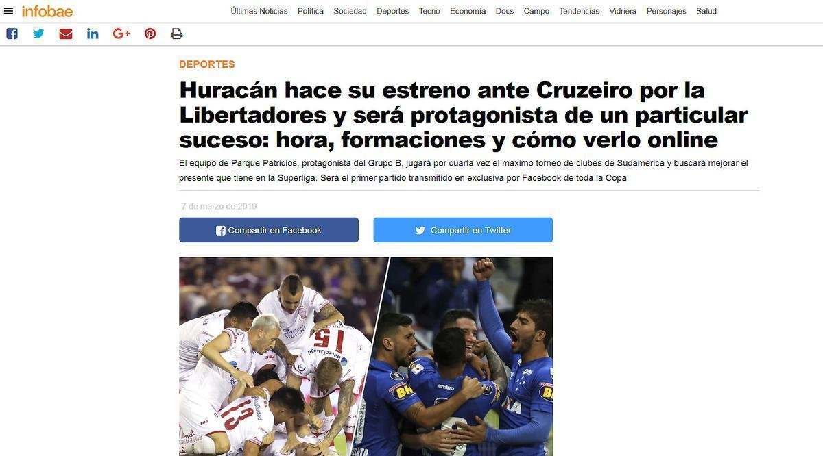 O Facebook fechou contrato at 2022 com a Conmebol para transmitir 46 partidas por ano na Copa Libertadores, dentre elas o jogo entre Huracn e Cruzeiro