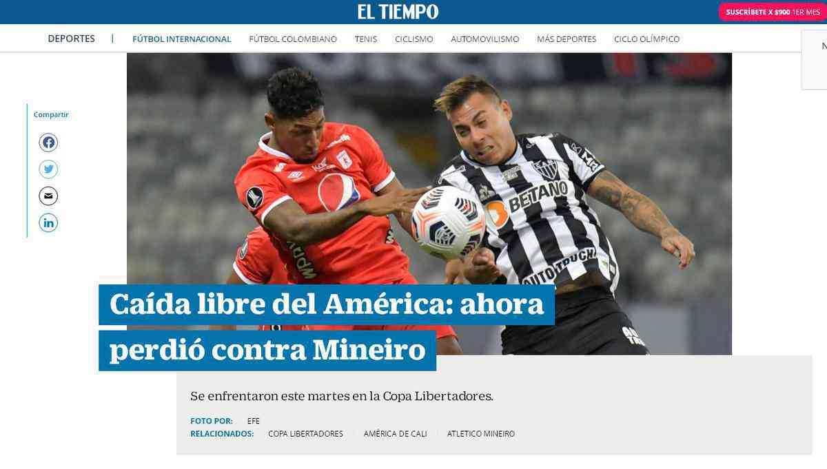 El Tiempo diz que o América está em queda livre. Time colombiano perdeu para Cerro e Atlético na Copa Libertadores e foi batido pelo Millonarios no primeiro jogo do mata-mata do Campeonato Colombiano