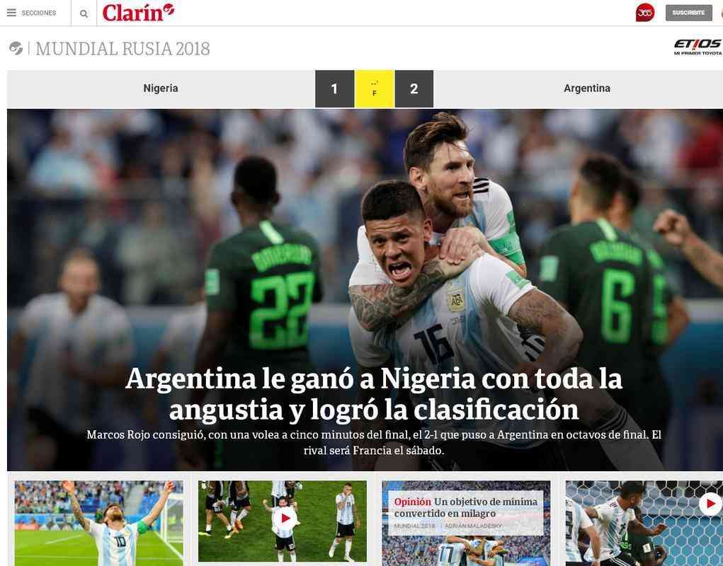 Clarn: 'Argentina ganha da Nigria com toda angstia e consegue a classificao'