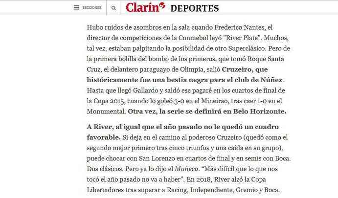 Assim como o 'Ol', o Clarn exaltou a tradio de 'bestia negra' do Cruzeiro. O dirio lembra que o time de Mano Menezes, 'poderoso', segundo o jornal, terminou a fase de grupos com a segunda melhor campanha geral. 
