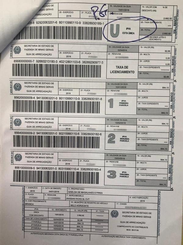 Documentos e comprovantes de pagamentos de impostos de carros da esposa de Wagner, Giselda de Magalhes Santos Pires