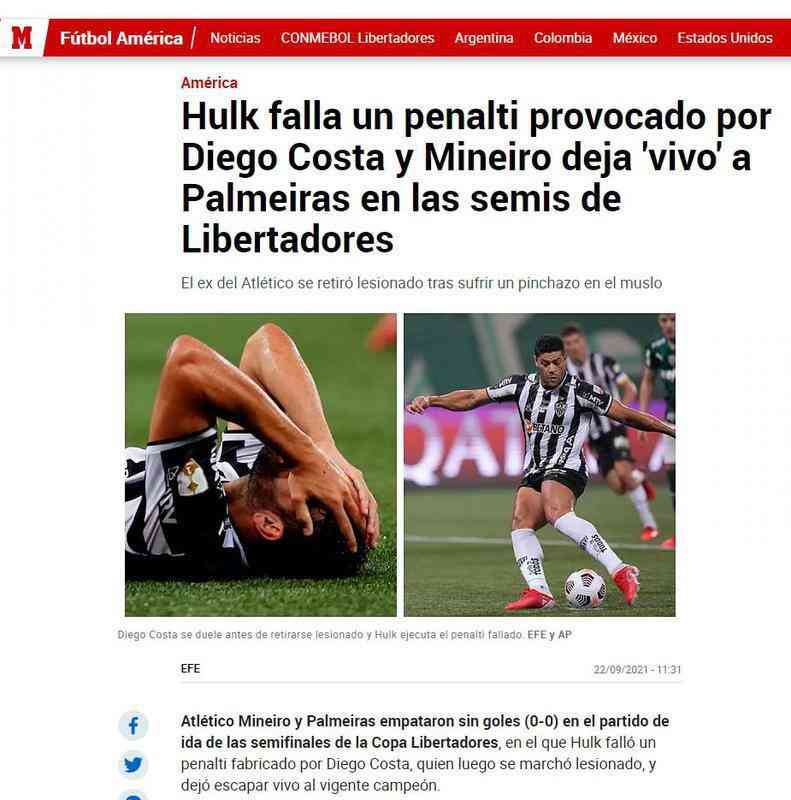Marca, da Espanha: 'Hulk falha em um pnalti sofrido por Diego Costa, e Atltico deixa Palmeiras vivo'