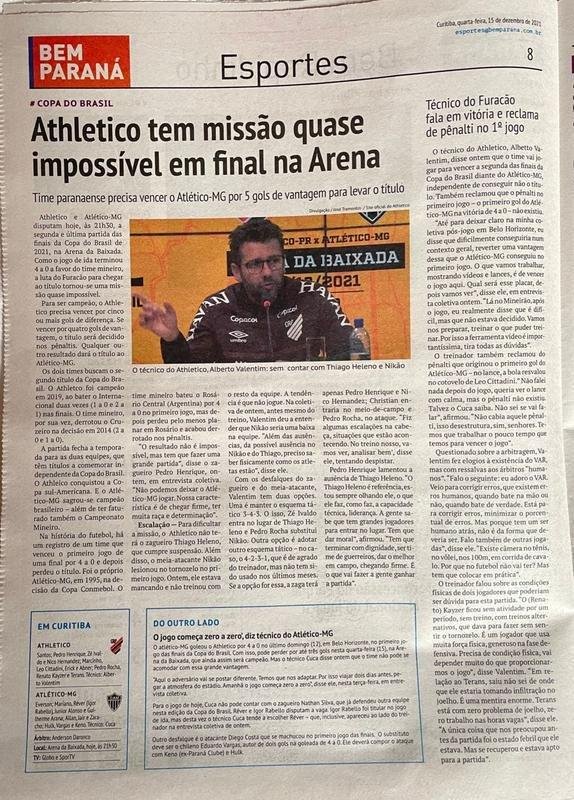 Bem Paran: 'Athletico tem misso quase impossvel na Arena'