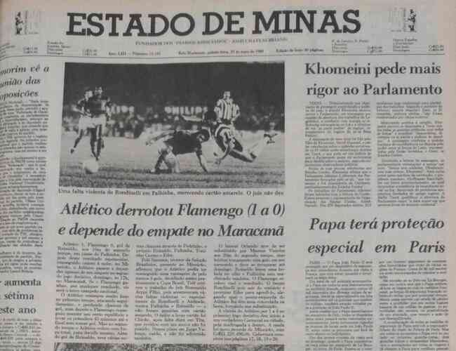 Capa de 1980 do Estado de Minas retrata a vitria atleticana no jogo de ida da final contra o Flamengo