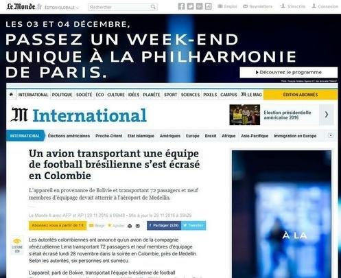 Le Monde (Frana) - Avio transportando equipe de futebol brasileira cai na Colmbia