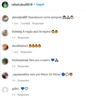 Torcedores foram ao Instagram de Rafael Cabral 'cobrar' acerto com o Cruzeiro