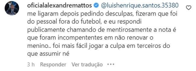 Alexandre Mattos respondeu alguns cruzeirenses em publicao do atacante Edu