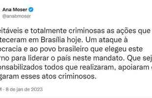 Lenda do vôlei brasileiro e ministra do Esporte do governo Lula, Ana Moser cobrou que atos terroristas sejam punidos.