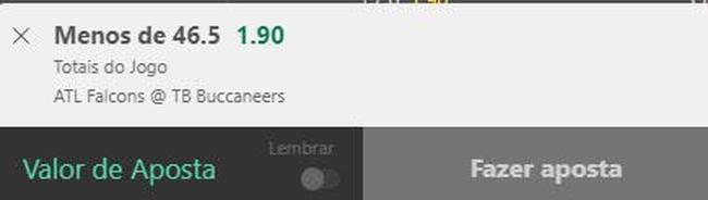 Menos de 46,5 pontos em Falcons x Buccaneers (odd 1.90)