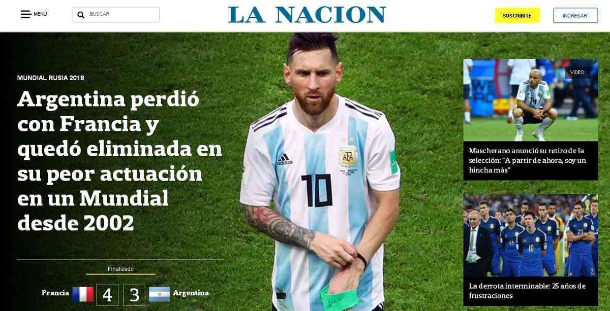 La Nacion, da Argentina: 'Argentina perdeu da Frana e acabou eliminada em sua pior atuao desde o Mundial de 2002'