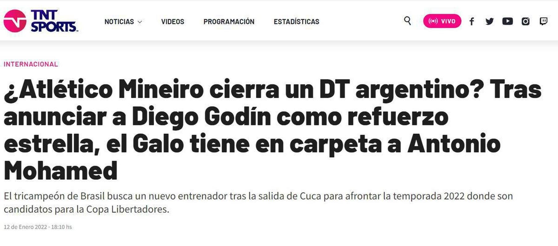 O TNT Sports da Argentina tambm destaca a chegada do Turco ao Atltico. 'Depois de anunciar Diego Godn como reforo estelar, o Galo tem Antonio Mohamed na 'carteira'. A publicao trata o Atltico como um forte candidato pela Libertadores e cita, alm de Nacho e Zaracho, o atacante Hulk como peas importantes do elenco.