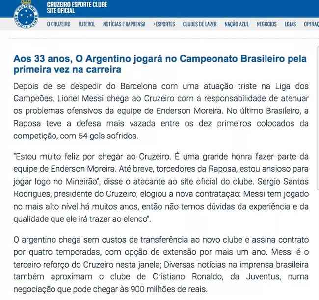 Reportagem falsa publicada por um hacker no site oficial do Cruzeiro