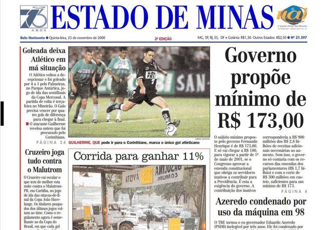 Atltico e Palmeiras se reencontraram em mata-matas nas quartas de final da Copa Mercosul de 2000. A capa do EM de 23 de novembro d espao nobre para a goleada sofrida pelo time alvinegro no jogo de ida, em So Paulo: 4 a 1 e desclassificao praticamente certa. O texto fala em 
