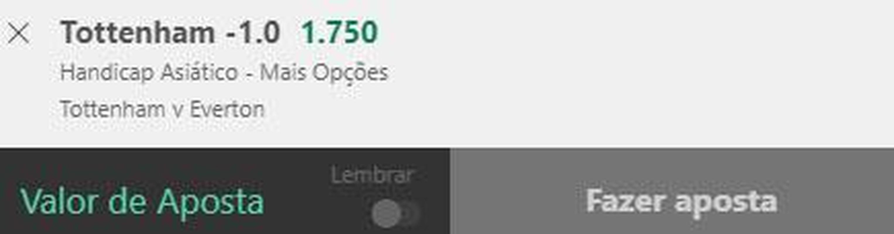 Tottenham handicap asitico -1 contra o Everton (odd 1.75) - O Tottenham vem fazendo boa campanha na Premier League e ocupa o terceiro lugar. J o Everton faz campanha irregular, com apenas duas vitrias em nove jogos. Em casa, onde tem 100% de aproveitamento, o Tottenham deve vencer mais uma vez. Para nossa aposta bater, o Spurs precisa vencer por dois gols de diferena. Se tiver vitria simples, teremos reembolso.