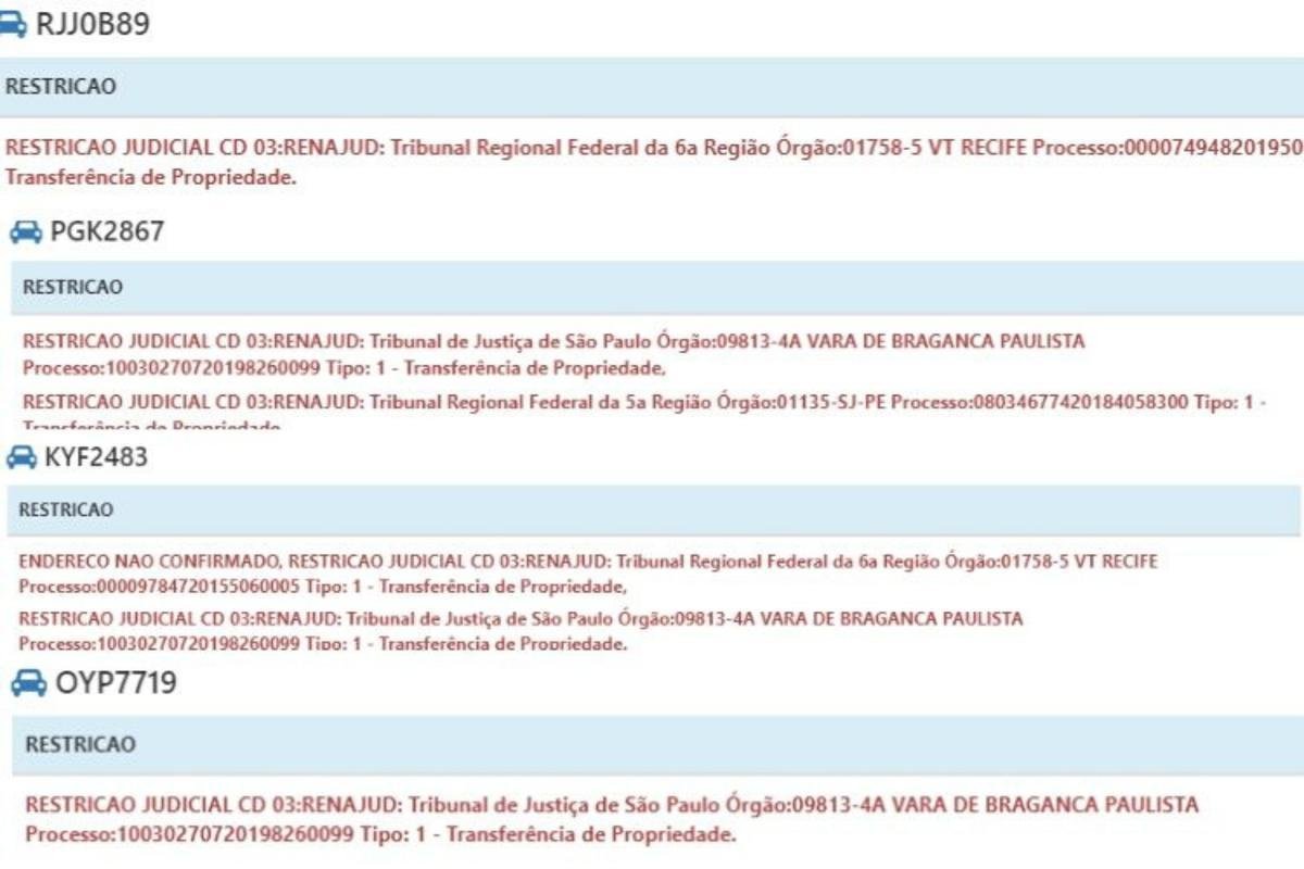Curiosamente, os quatro veículos solicitados por Marlone já estão penhorados: dois ônibus, um carro e uma moto, conforme consta no site do Detran