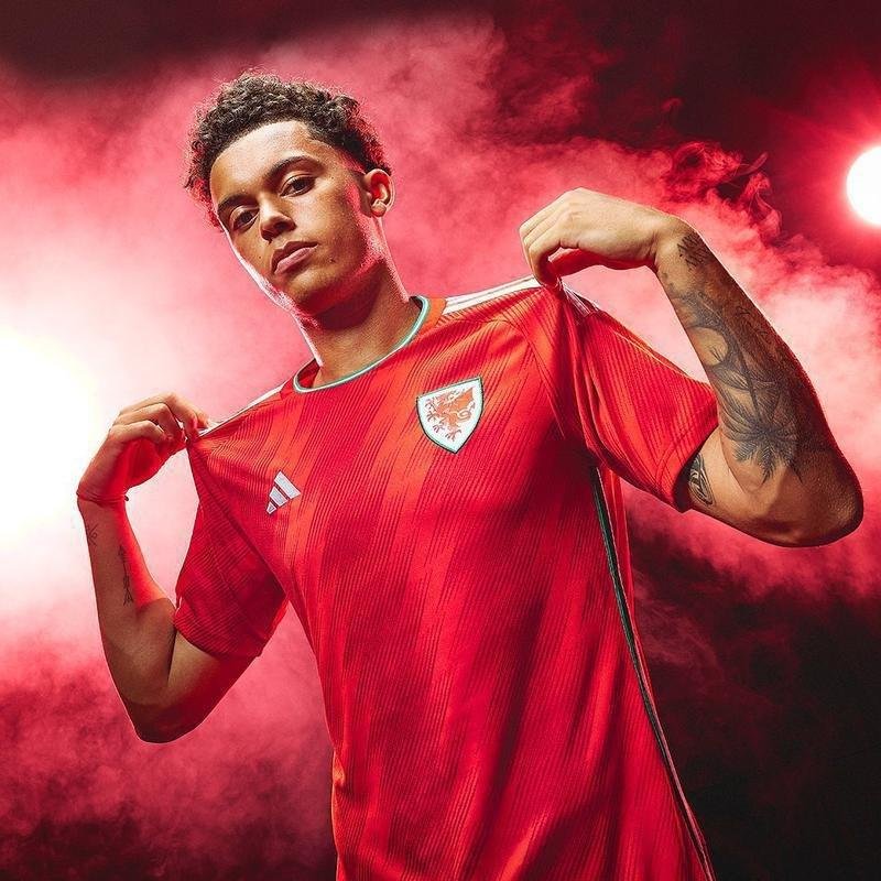 A camisa I do Pas de Gales para a Copa do Mundo  vermelha e foi produzida pela Adidas