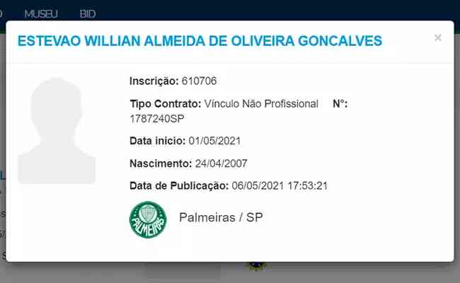 Estevão Willian, o Messinho, registrado no BID pelo Palmeiras