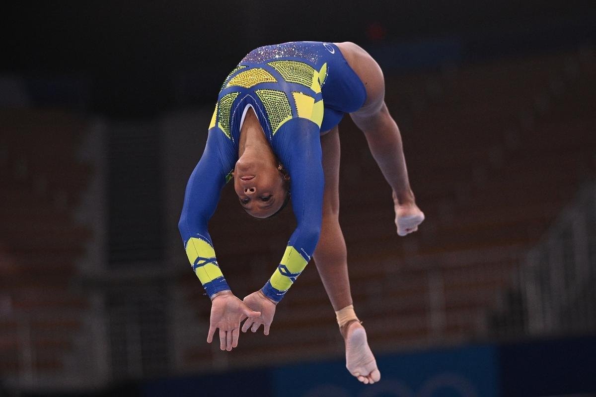 Fotos da apresentao da brasileira Rebeca Andrade na ginstica artstica dos Jogos Olmpicos de Tquio