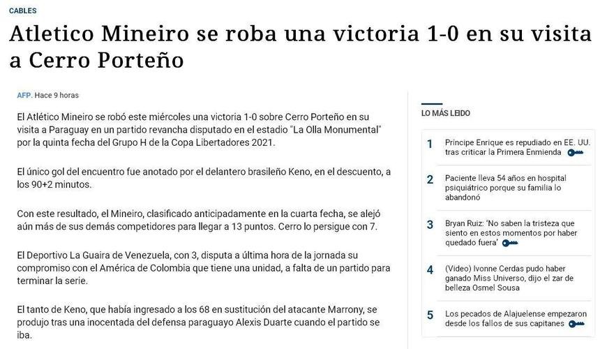 AFP - 'Atlético Mineiro rouba uma vitória por 1-0 em sua visita contra o Cerro Porteño'