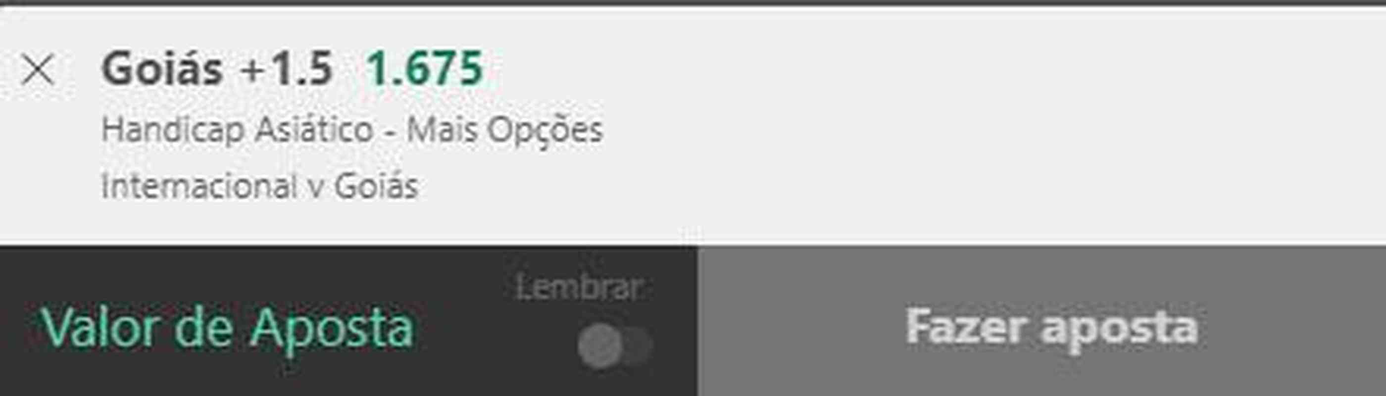 Gois handicap asitico  1,5 contra o Internacional (odd 1.67) - O Internacional vem sendo dominante em casa, com oito vitrias e trs empates nos ltimos 11 jogos no Beira-Rio. O Gois, por sua vez, vem de dois empates e duas vitrias como visitante. Em nosso handicap, o Gois pode at perder por um gol de diferena. Na sequncia de 11 jogos, em seis o Inter no conseguiu vencer por dois ou mais gols de vantagem.