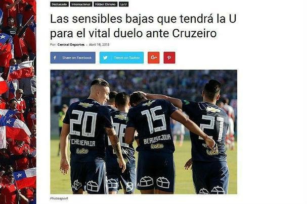 Central Deportes: 'As perdas sensíveis que La U terá para o duelo vital contra o Cruzeiro', se refere a matéria sobre os desfalque de Jara e a possível ausência de Beausejour