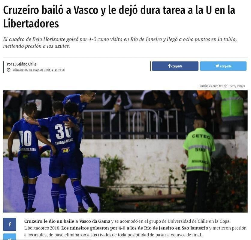 EL GRFICO, Chile - Cruzeiro deu baile no Vasco e deixou dura tarefa para La U na Libertadores
