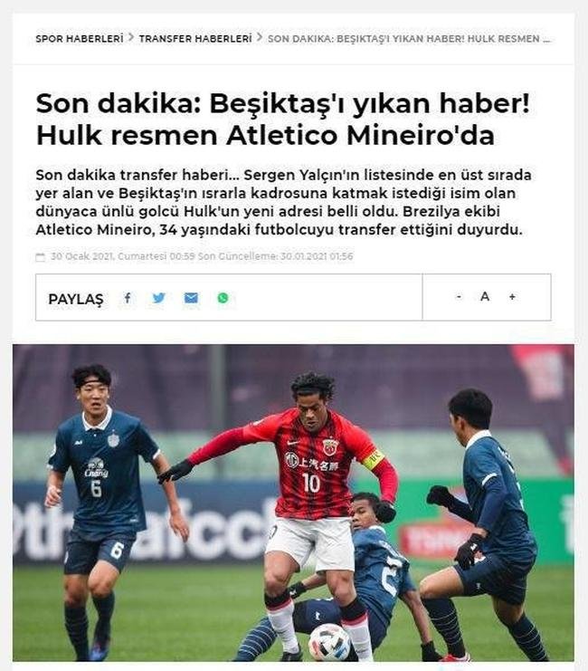Fanatik (Turquia): o jornal turco Fanatik disse que o anncio de Hulk no Atltico 'destruiu o Besiktas'. Vale lembrar que os mineiros superaram a concorrncia de Flamengo, Palmeiras, Porto, de Portugal, e o prprio Besiktas antes da chegada do jogador.