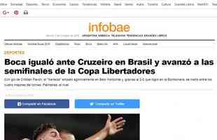 Infobae: 'Boca igualou com o Cruzeiro no Brasil e avanou s semifinais da Libertadores'