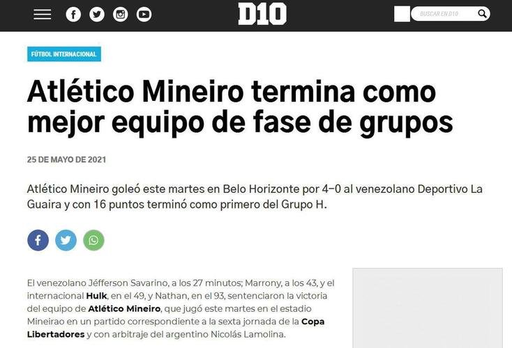 D10 (Paraguai) - 'Atlético Mineiro termina como melhor equipe da fase de grupos'