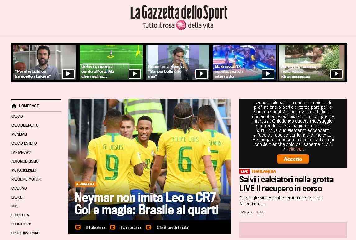 Gazzetta dello Sport, Itlia: Neymar no imita a Messi e CR7. Gol e Magia, Brasil nas quartas
